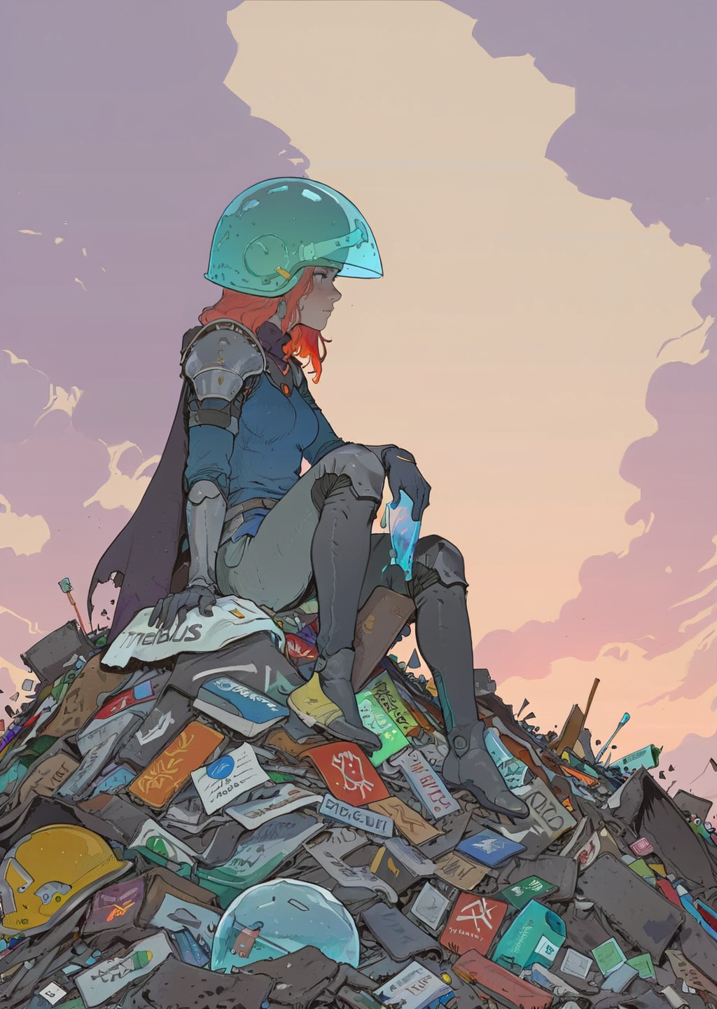 00003-2600653262-high-quality 4k hd  flat-color cartoon artwork in jmst artstyle, moebius, mgcliu__ 1girl, glass helmet, sitting on top of a pile.png